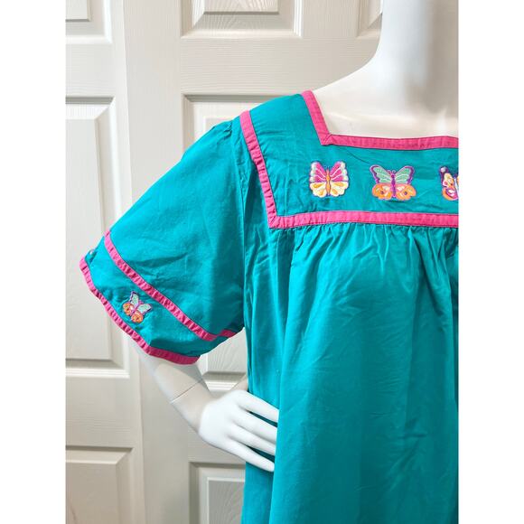 Vintage 80s 90s Blair Teal Butterfly House Dress Size Large Cotton - Picture 2 of 7